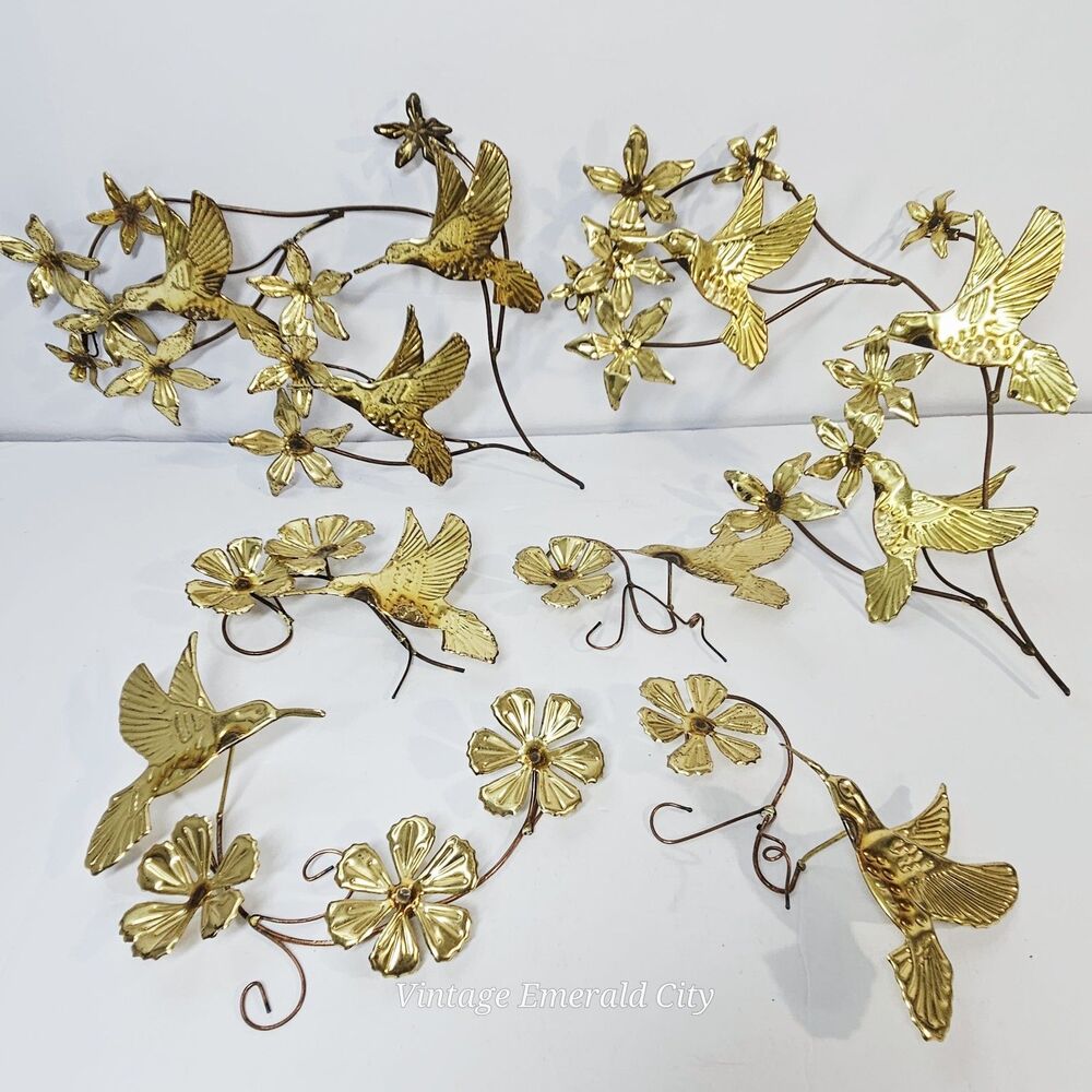Vtg Set 6 Pcs Home Wall Interior Brass 3D Metal Hummingbirds Flowers Homco Decor